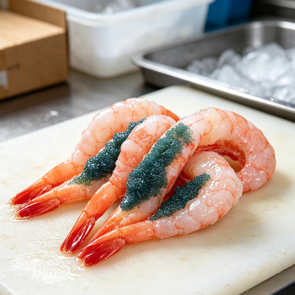 Peeled pink shrimp topped with vivid green caviar, arranged on a white plate