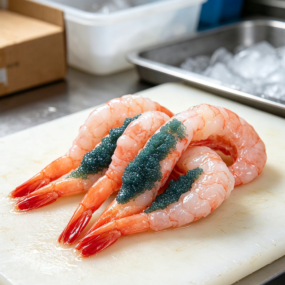 Peeled pink shrimp topped with vivid green caviar, arranged on a white plate