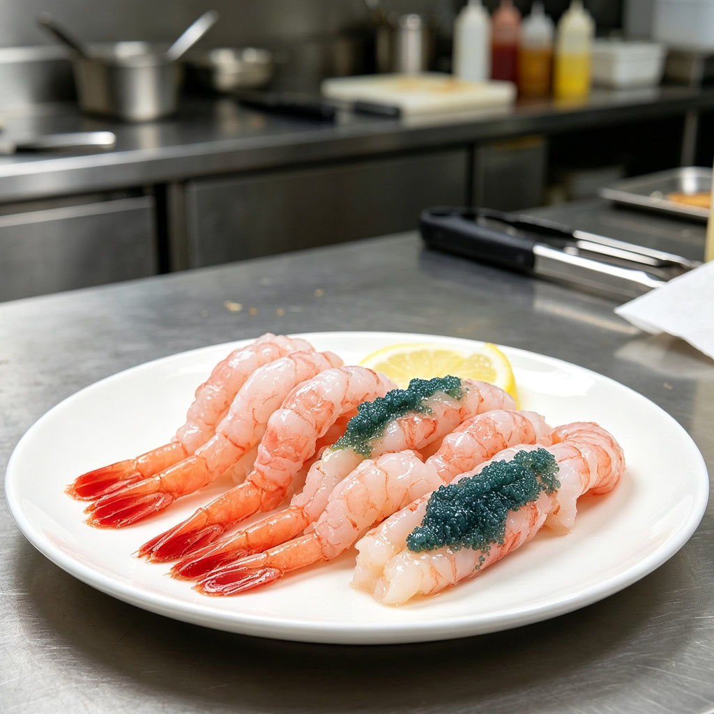 Peeled pink shrimp topped with vivid green caviar, arranged on a white plate