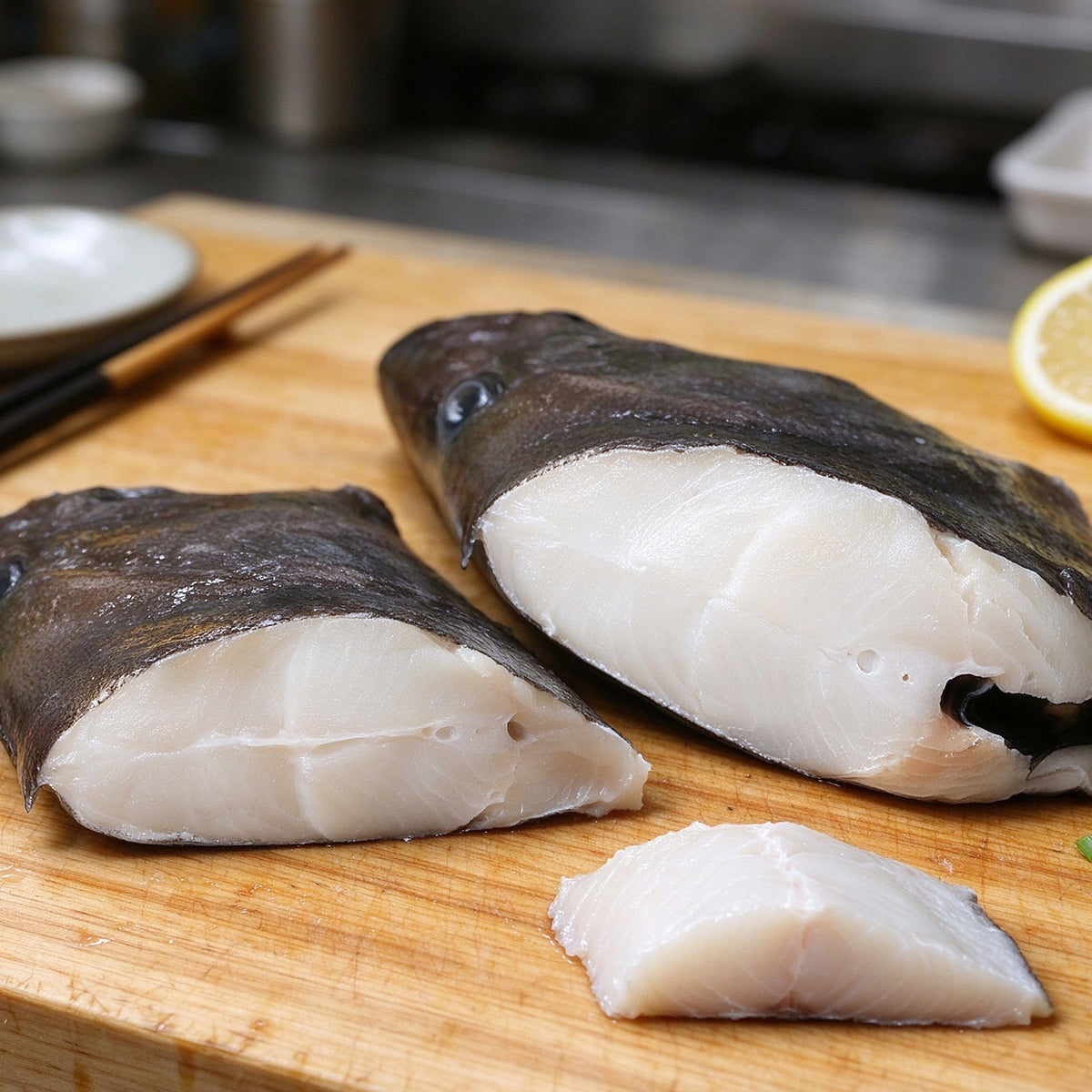 Thick white flatfish steaks with dark mottled skin on top, on a wooden board