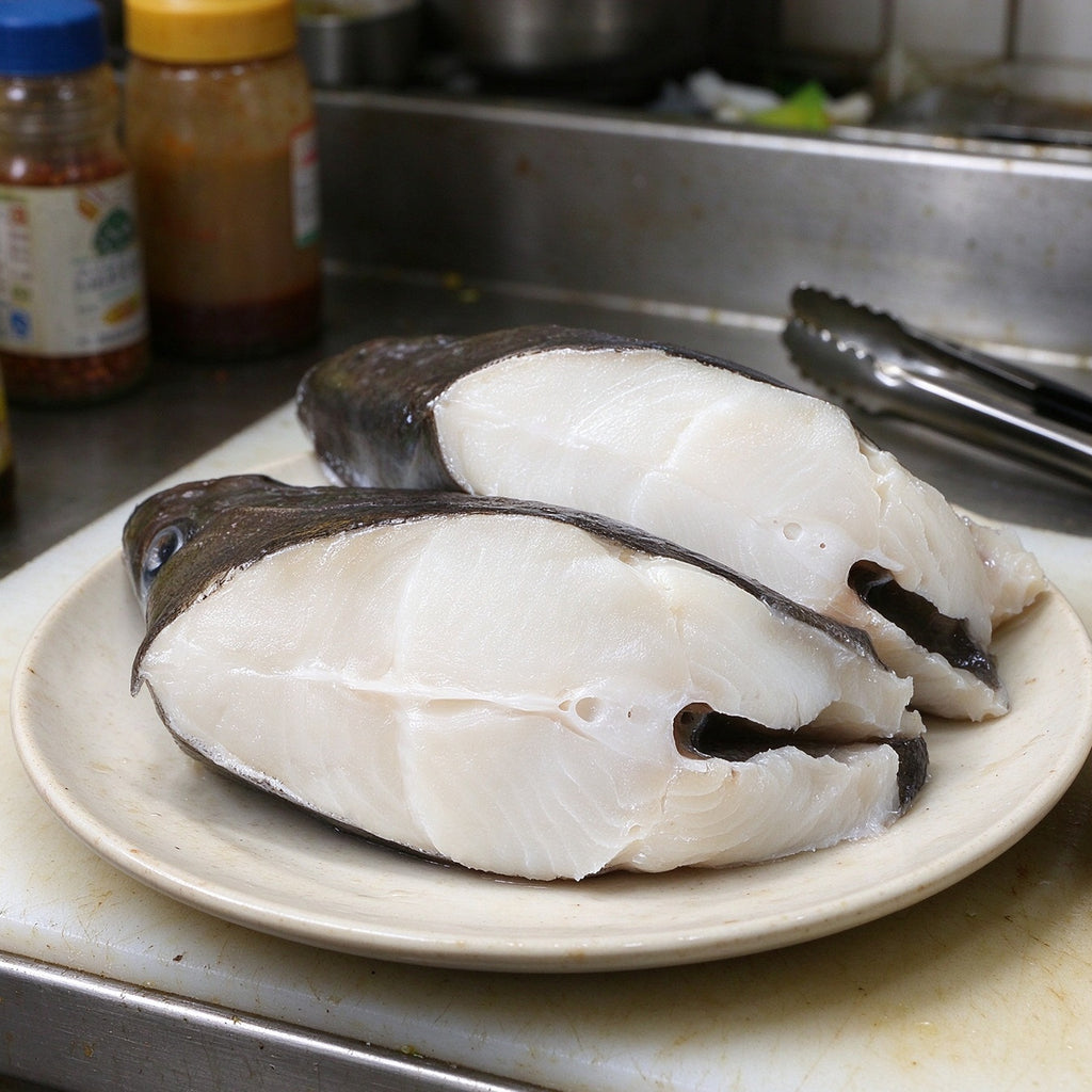 Thick white flatfish steaks with dark mottled skin on top, on a wooden board