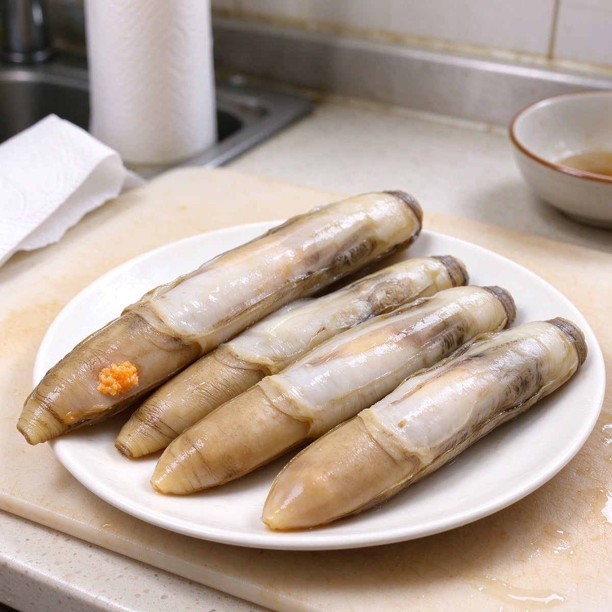 Long slender razor clams in the shell showing bright orange roe