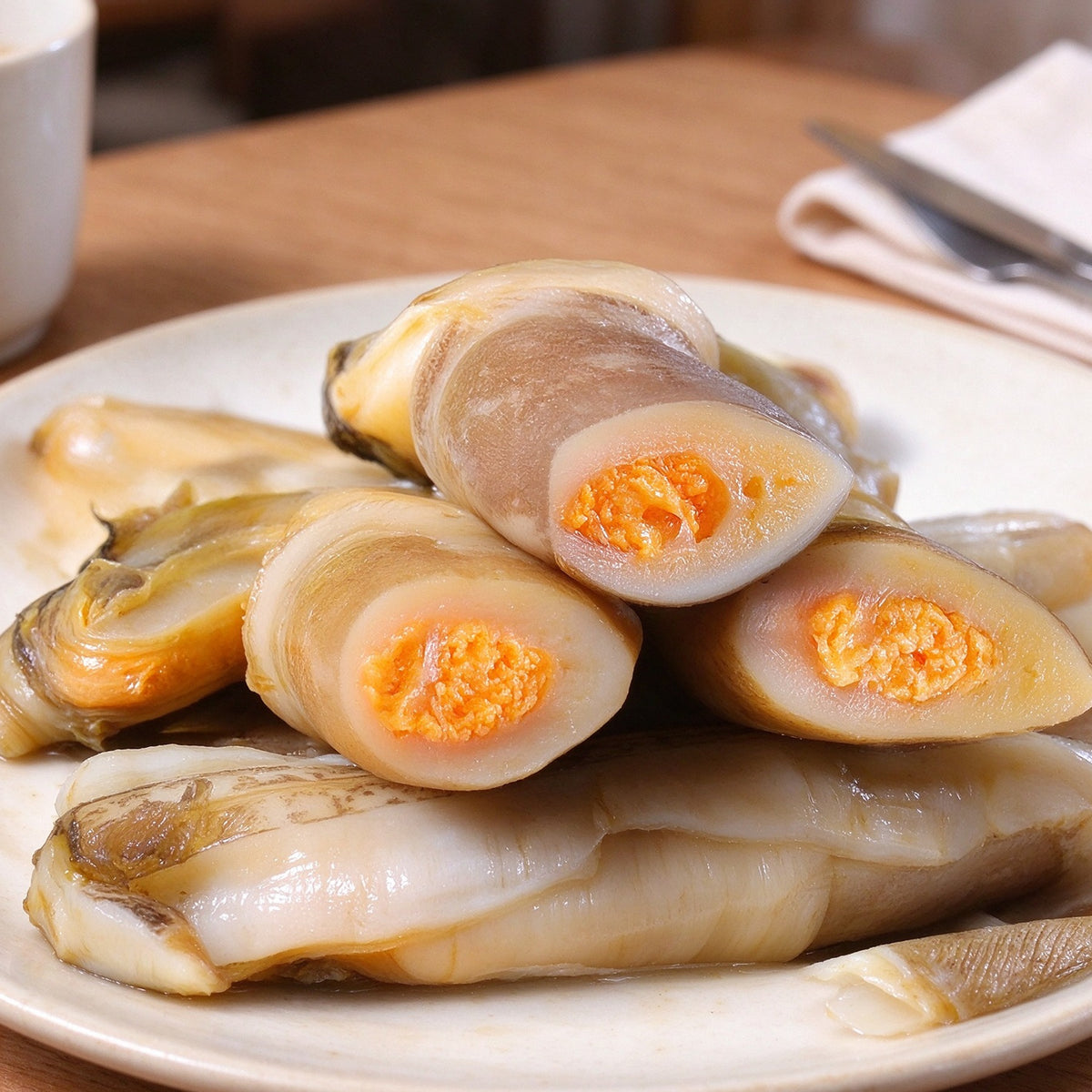 Long slender razor clams in the shell showing bright orange roe