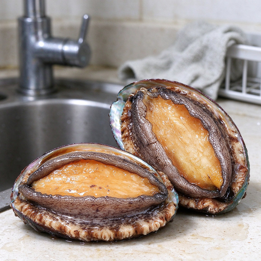 Whole abalone in dark shells with golden foot meat, resting on a steel bench