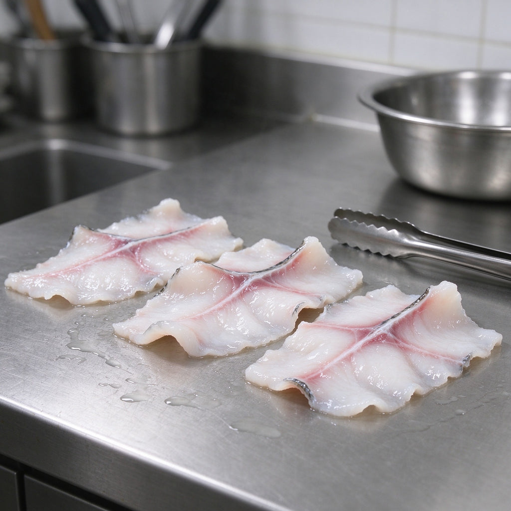 Thin slices of pale white fish fillets arranged on a white plate