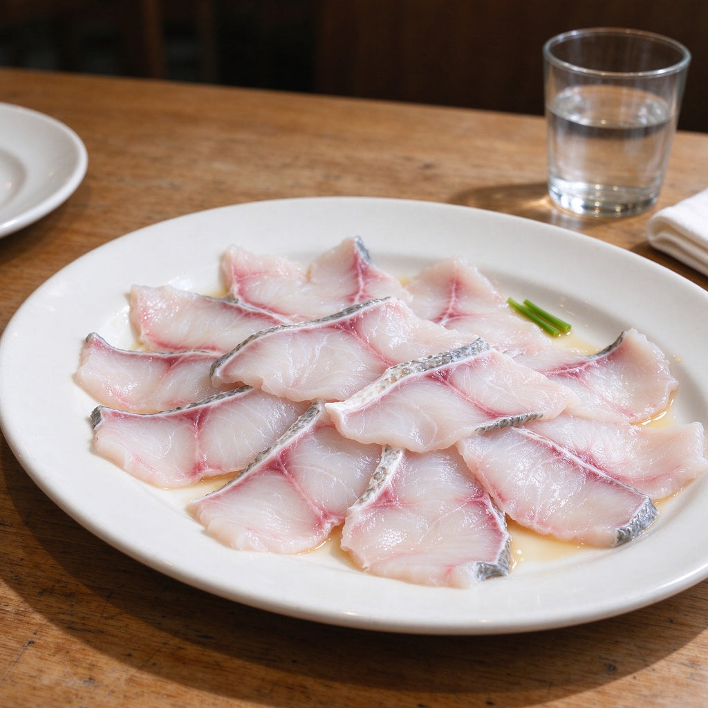 Thin slices of pale white fish fillets arranged on a white plate
