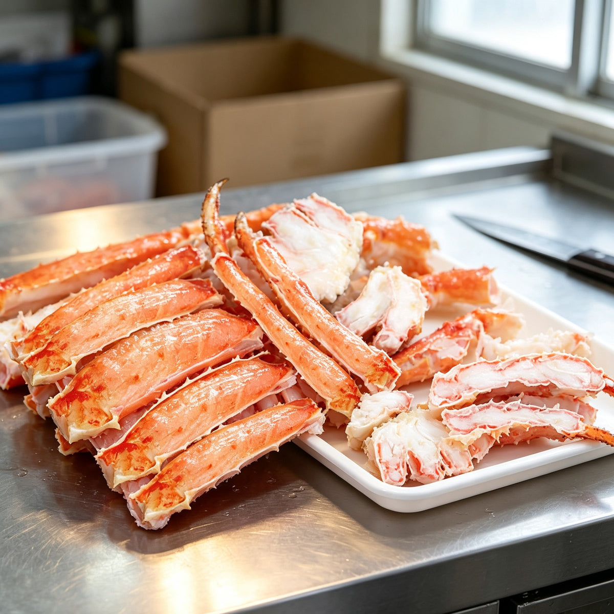 Split cooked king crab legs with bright orange-red shells and white meat