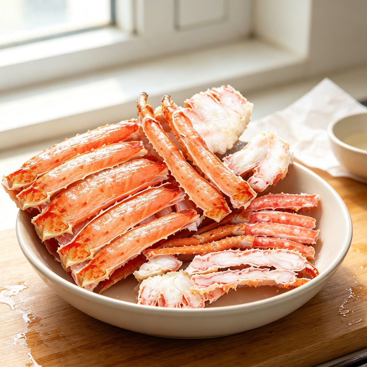 Split cooked king crab legs with bright orange-red shells and white meat