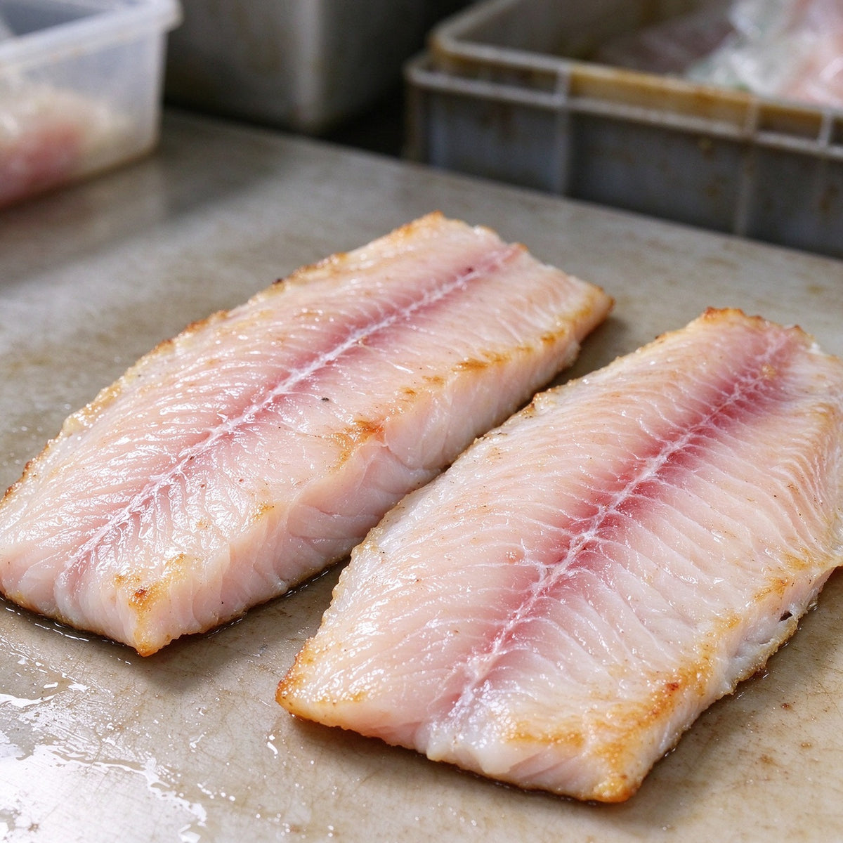 Pale pink sea bream fillets with a fine red centre line, seared and plated