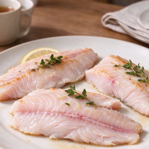 Pale pink sea bream fillets with a fine red centre line, seared and plated