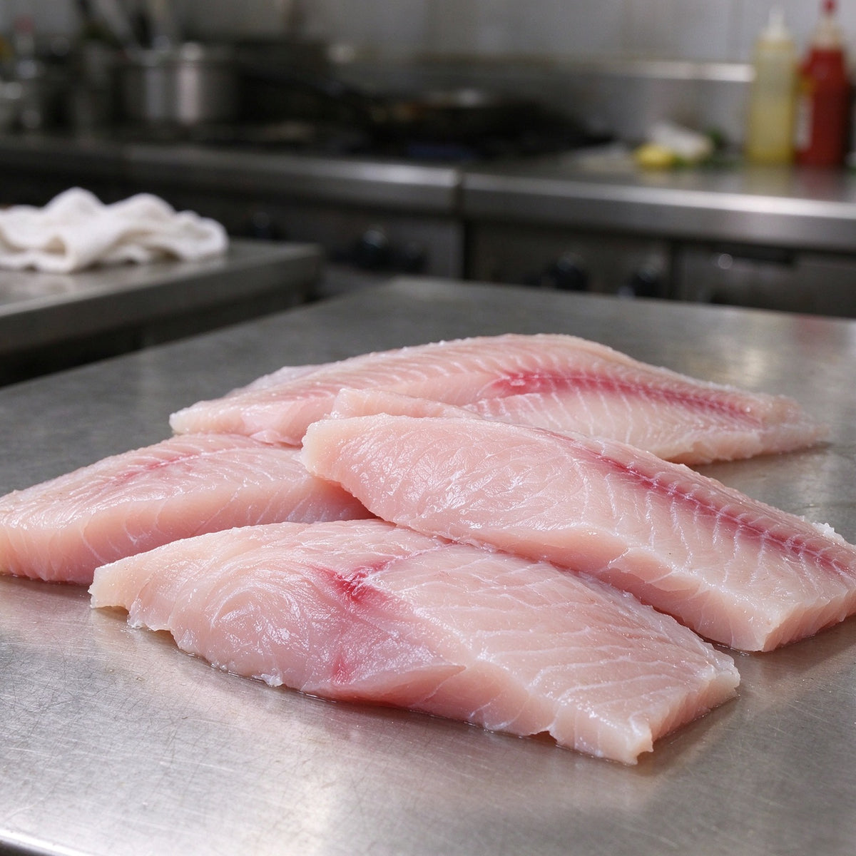 Pale pink sea bream fillets with a fine red centre line, seared and plated