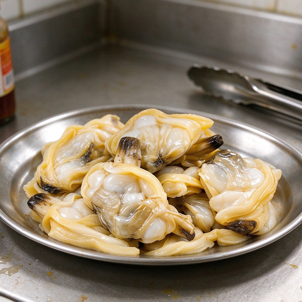 Plump shucked clam meat with pale golden mantle, rinsed in a colander