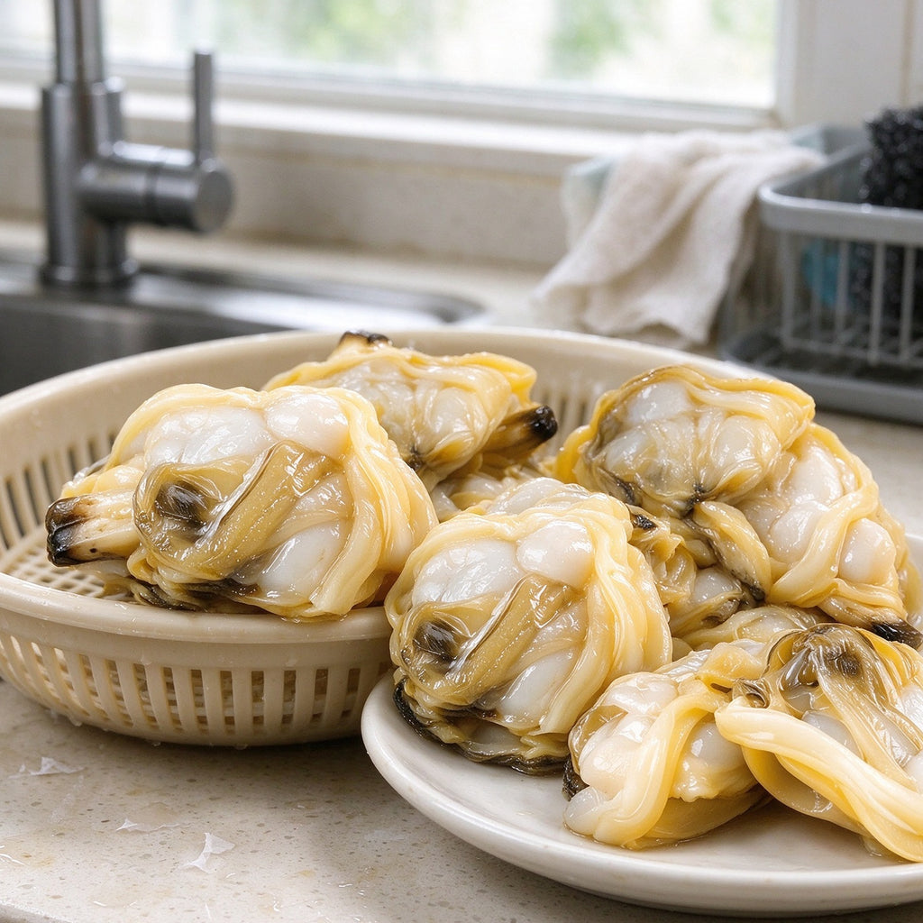 Plump shucked clam meat with pale golden mantle, rinsed in a colander